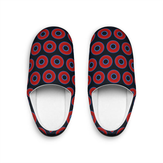 Men's Lumpy Slippers - red vivid donut print w/blue charcoal background