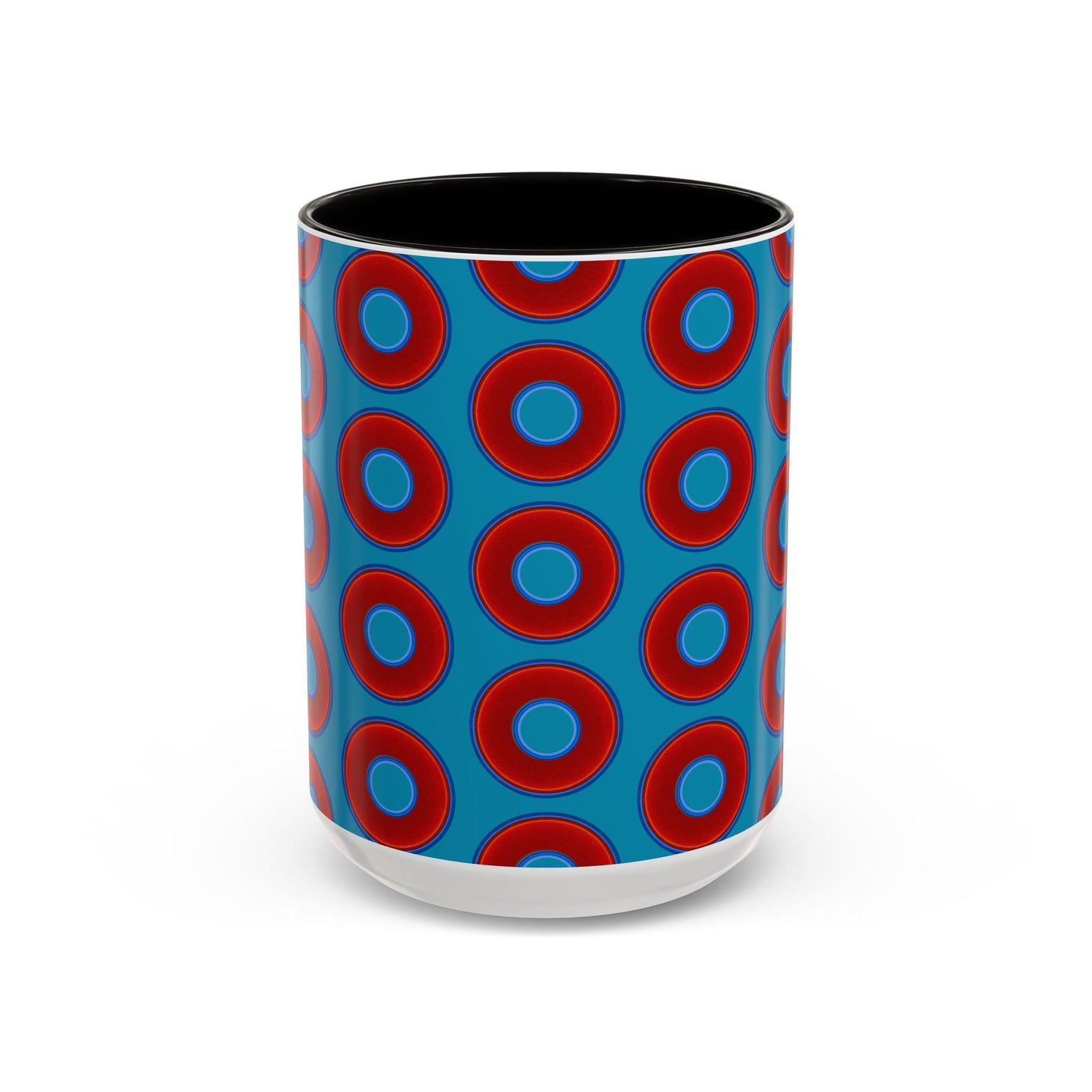 Lump's Grumpy Coffee Mug - vivid red donuts w/aquamarine blue background
