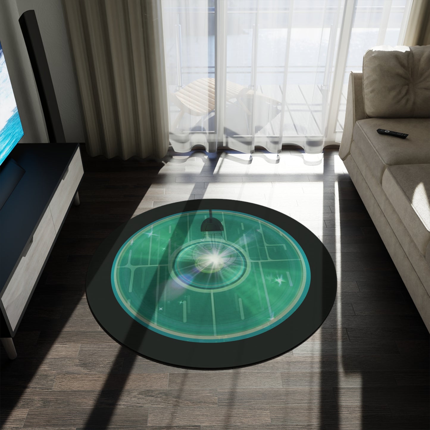 Round Room - 5 ft x 5 ft Lumpy Donut Rug - "Harry's Hoodlum Donut Rug" - vivid green word donut w/deep forest green background - variant 3