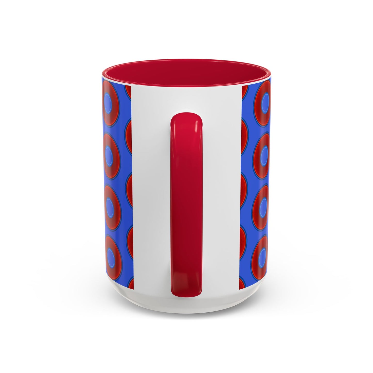 Lump's Grumpy Coffee Mug - vivid red donuts w/royal blue background