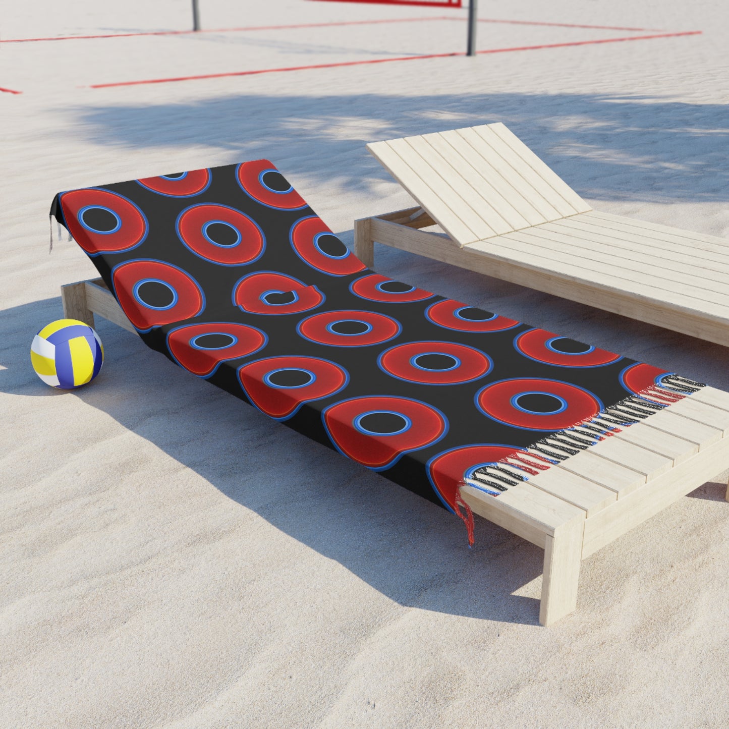 Oversized Lumpy Beach Towel - vivid red donuts w/black background