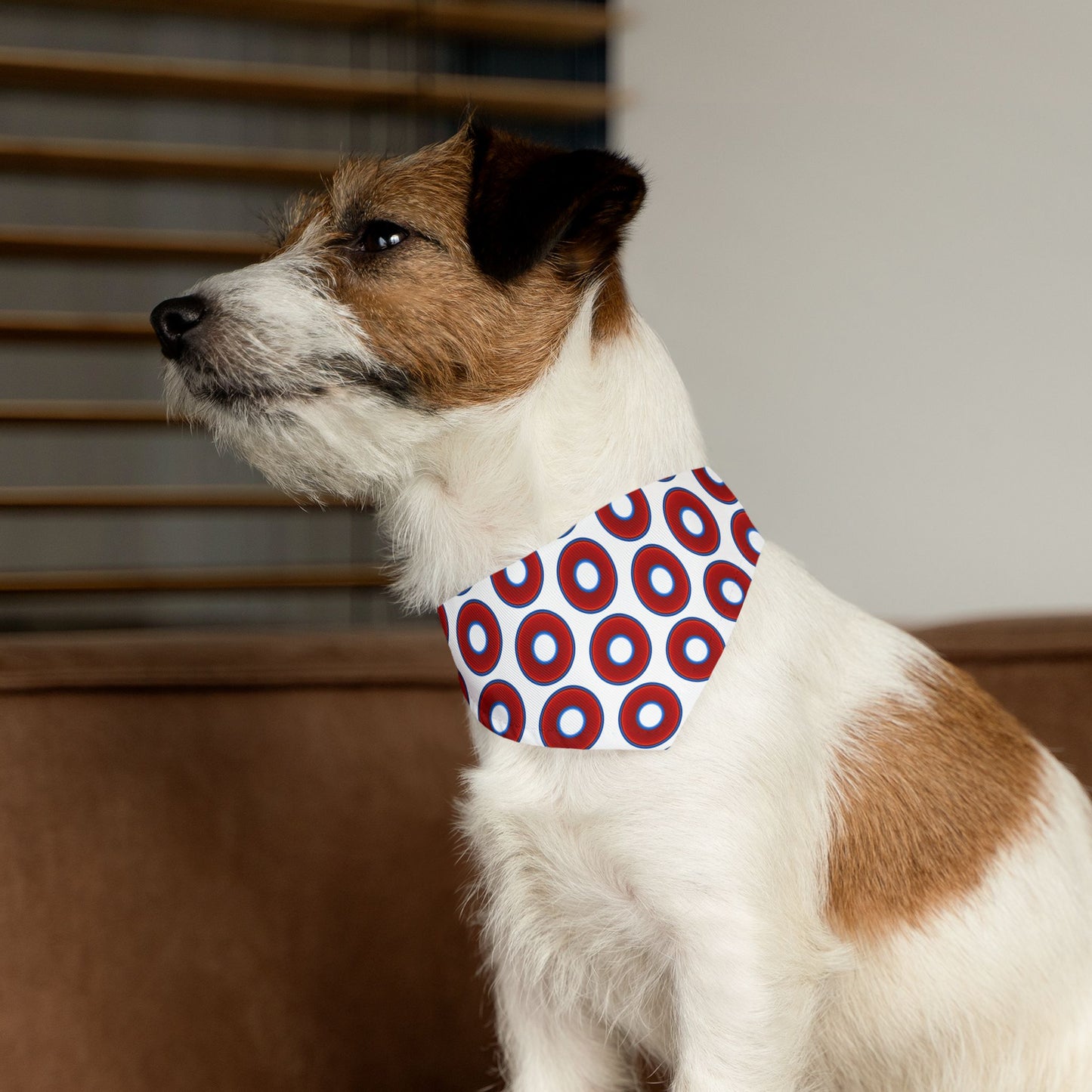 Jim's Lumpy Bandana Pet Collar - vivid red donuts w/white background