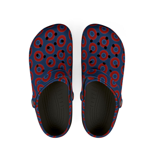 Spatchcocks - donut slip-on shoes - vivid red donuts w/Atlantic navy background [unisex]