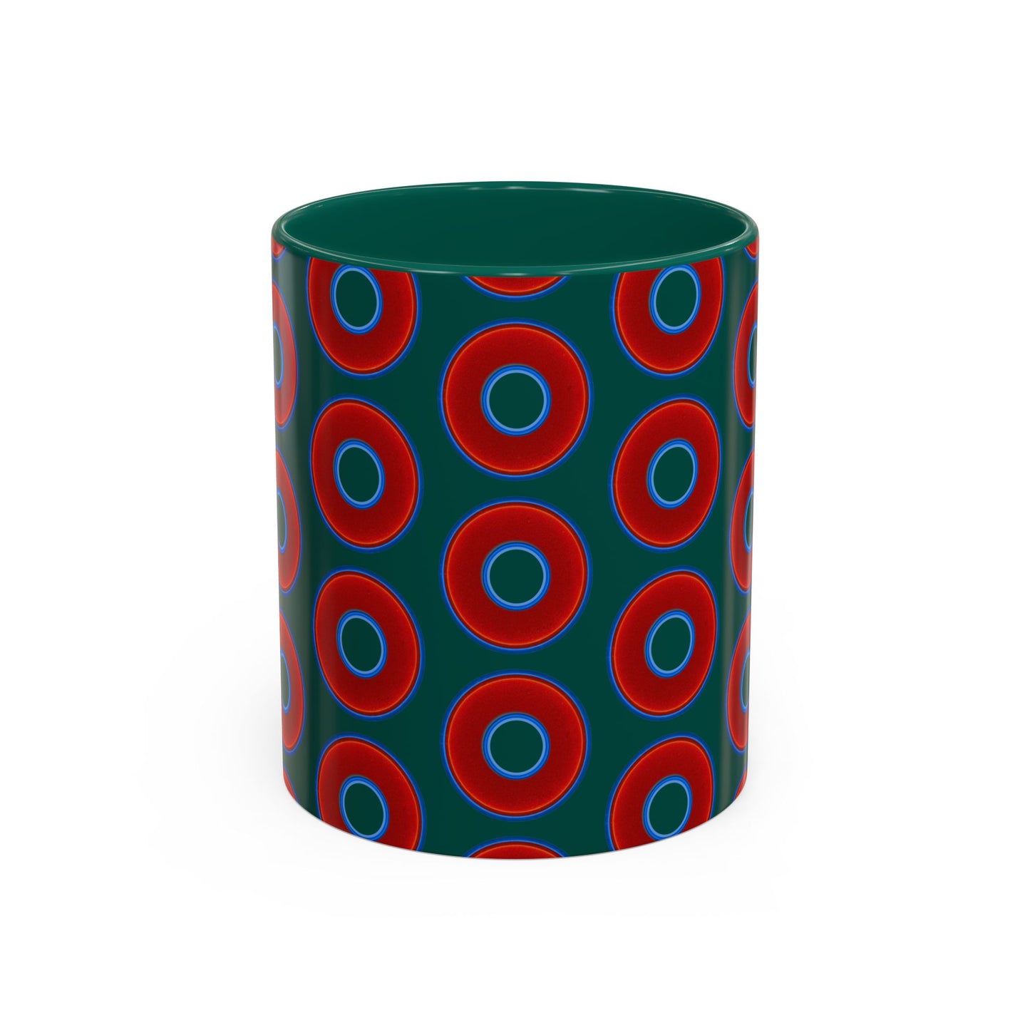 Lump's Grumpy Coffee Mug - vivid red donuts w/dark Fenway green background