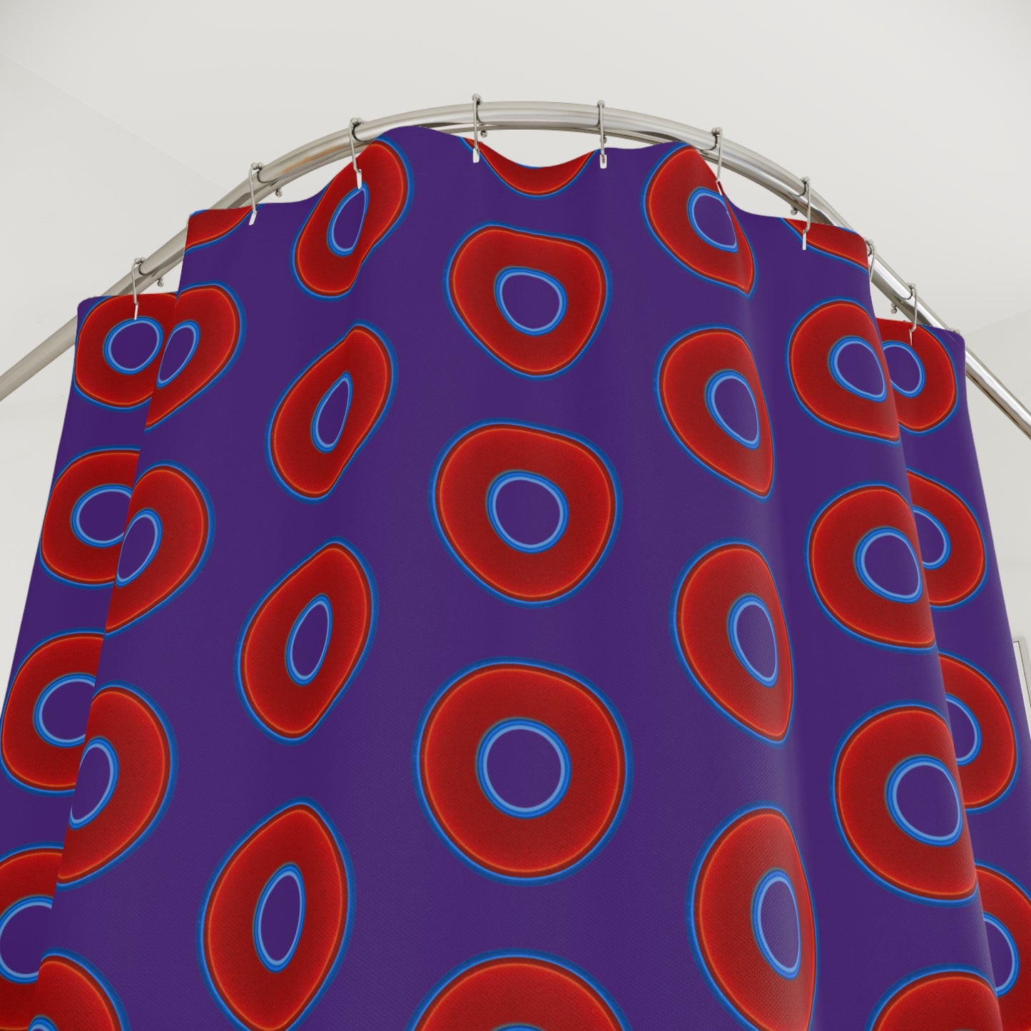The Curtain With "Donuts" - Lumpy Bath Time Fun - vivid red donuts w/purple background
