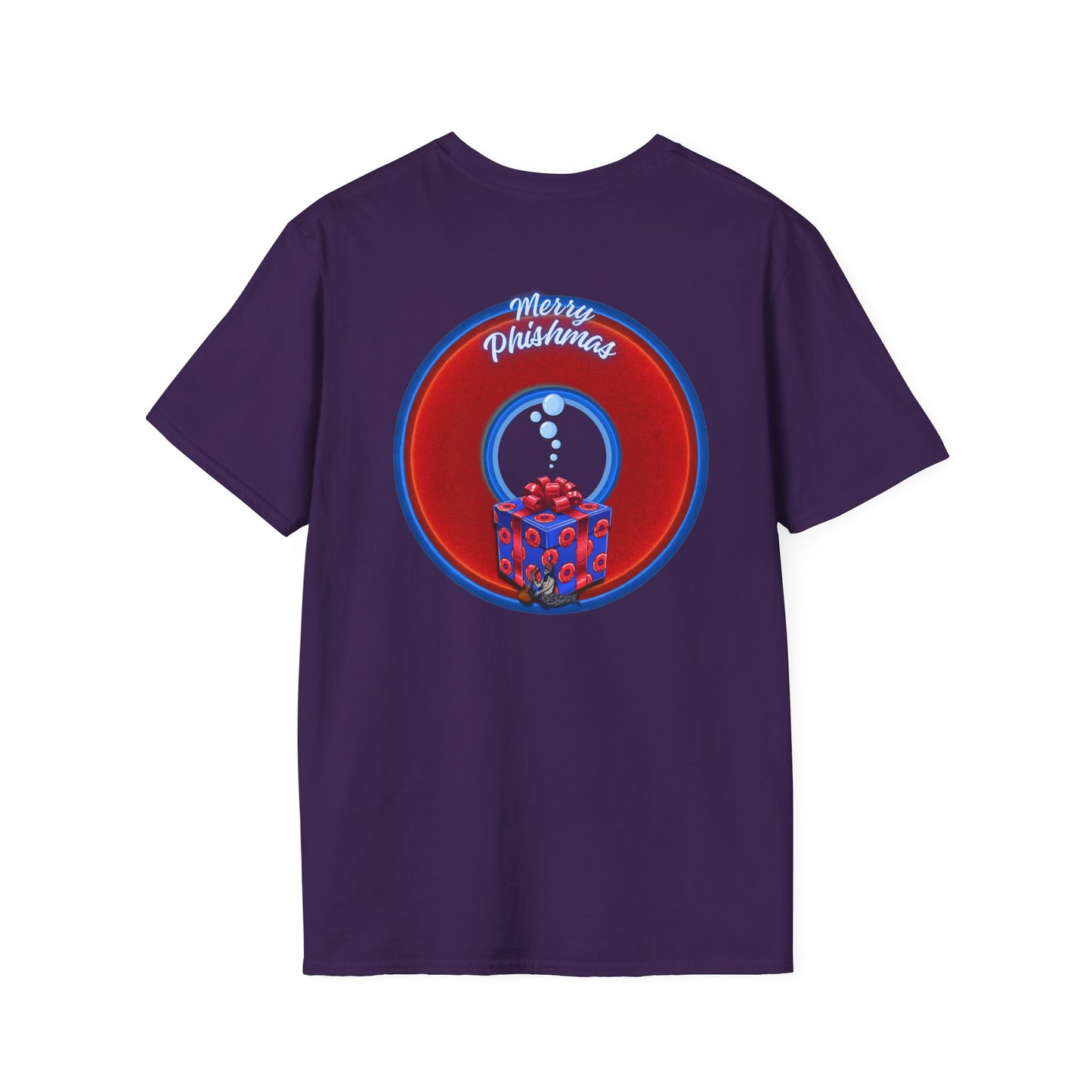 Classic Donut Tee - Unisex Soft-Style - "Phishmas Caroler's Tee " - vivid red/blue donut - variant 2