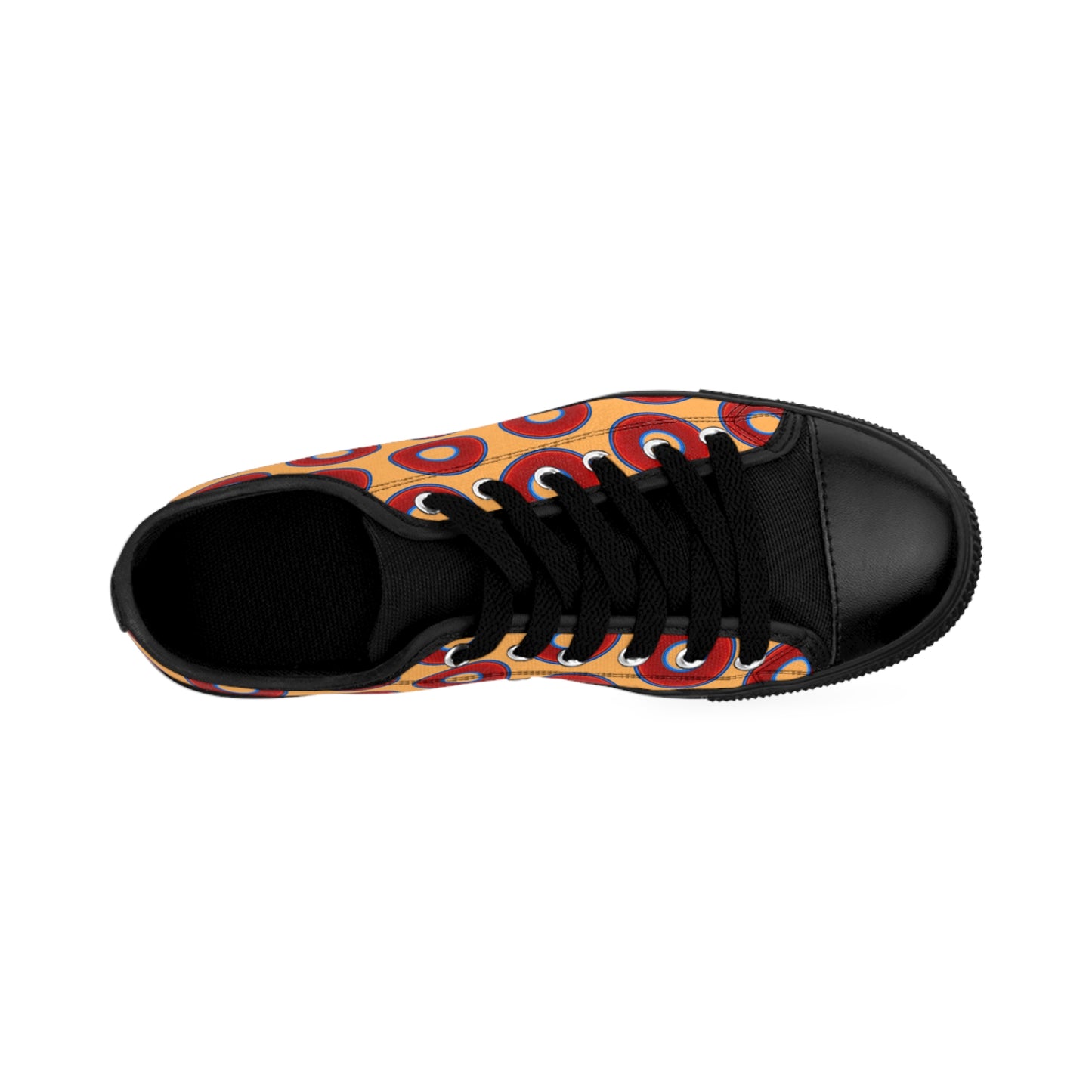 Women's Cushiony Convectors - Low Top - large red vivid donut print w/creamsicle orange background