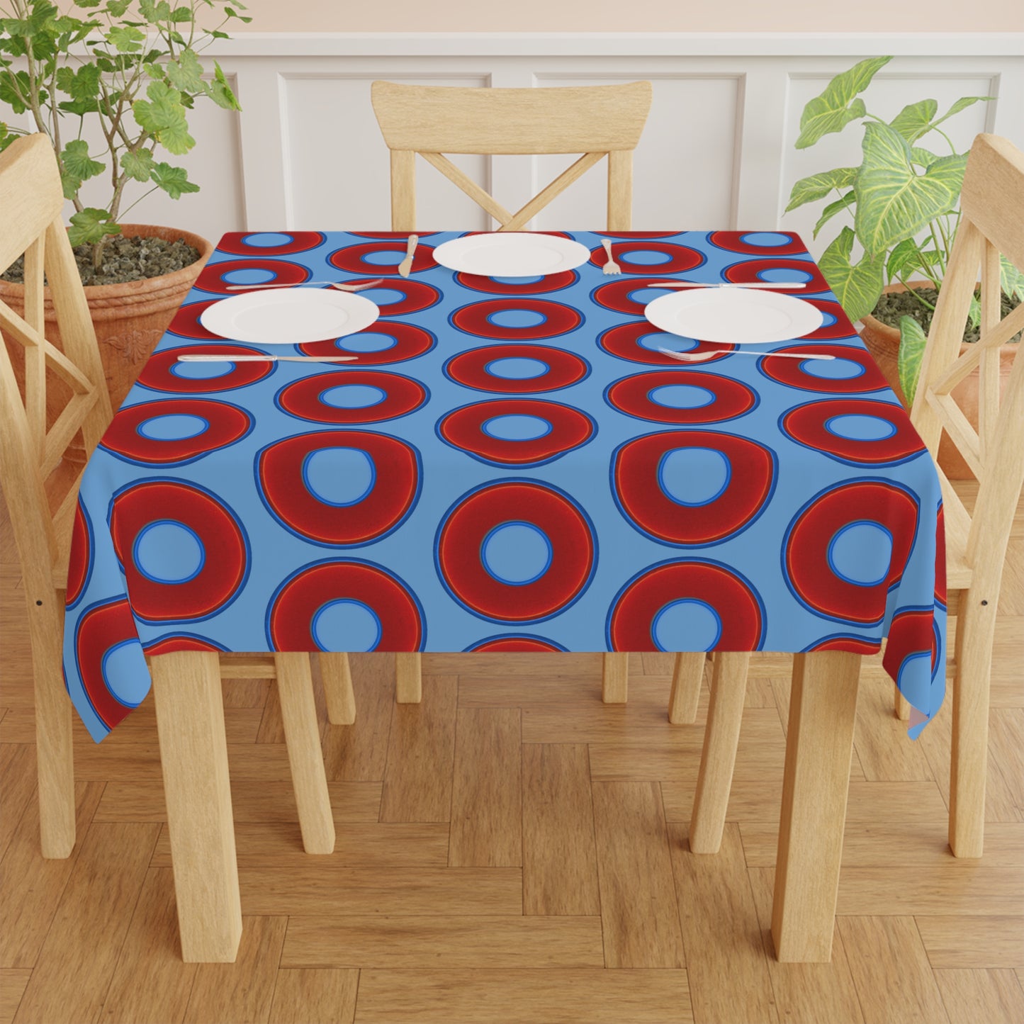 Lumpy Tablecloth - 55.1" x 55.1" - vivid red donuts w/light blue background
