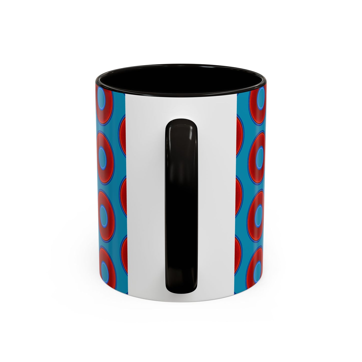 Lump's Grumpy Coffee Mug - vivid red donuts w/aquamarine blue background