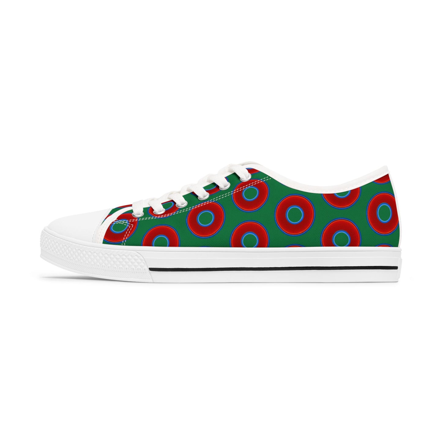 Women's - Low Top Chuck Taylors - large vivid red donut print w/green background