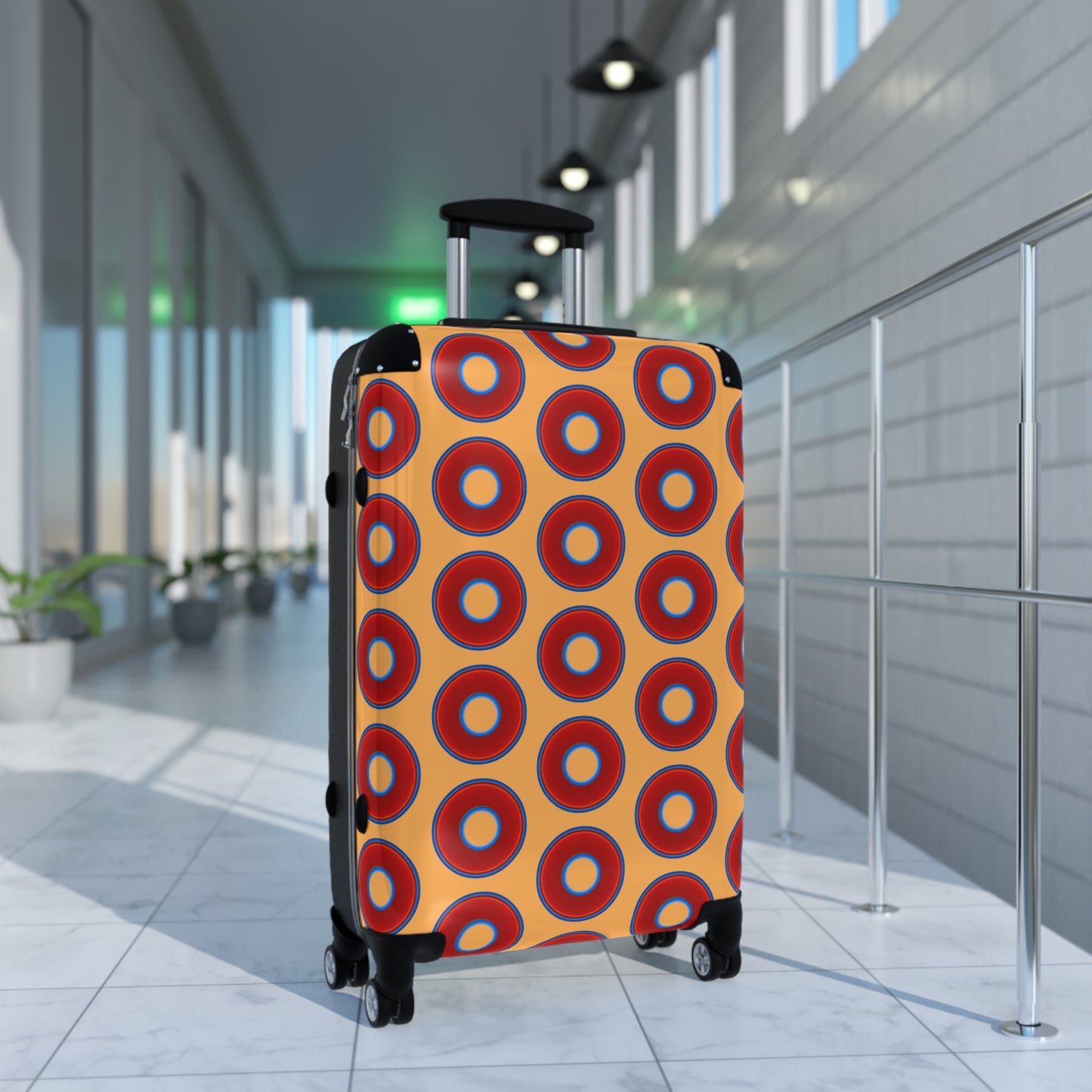 The Very Lumpy Donut Suitcase series - your choice of S, M or L - vivid red donut print w/creamcicle orange background