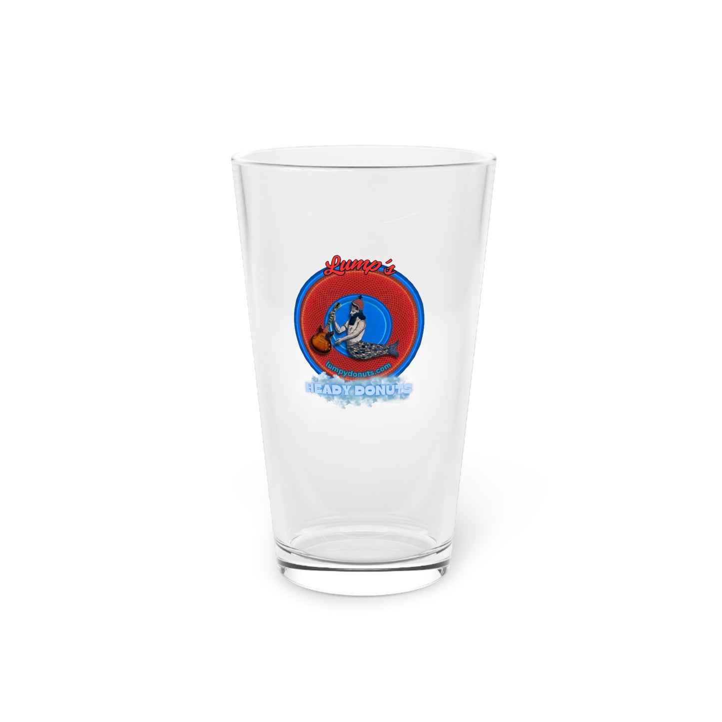 16oz Lumpy Pint Glass - "Lump's Heady Pint w/Logo" - rustic red/blue donut
