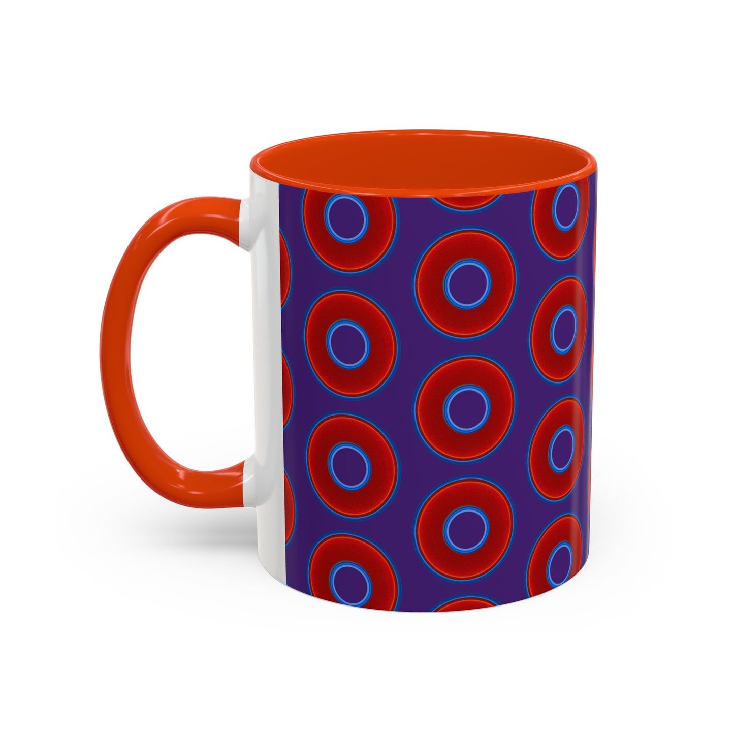 Lump's Grumpy Coffee Mug - vivid red donuts w/purple background