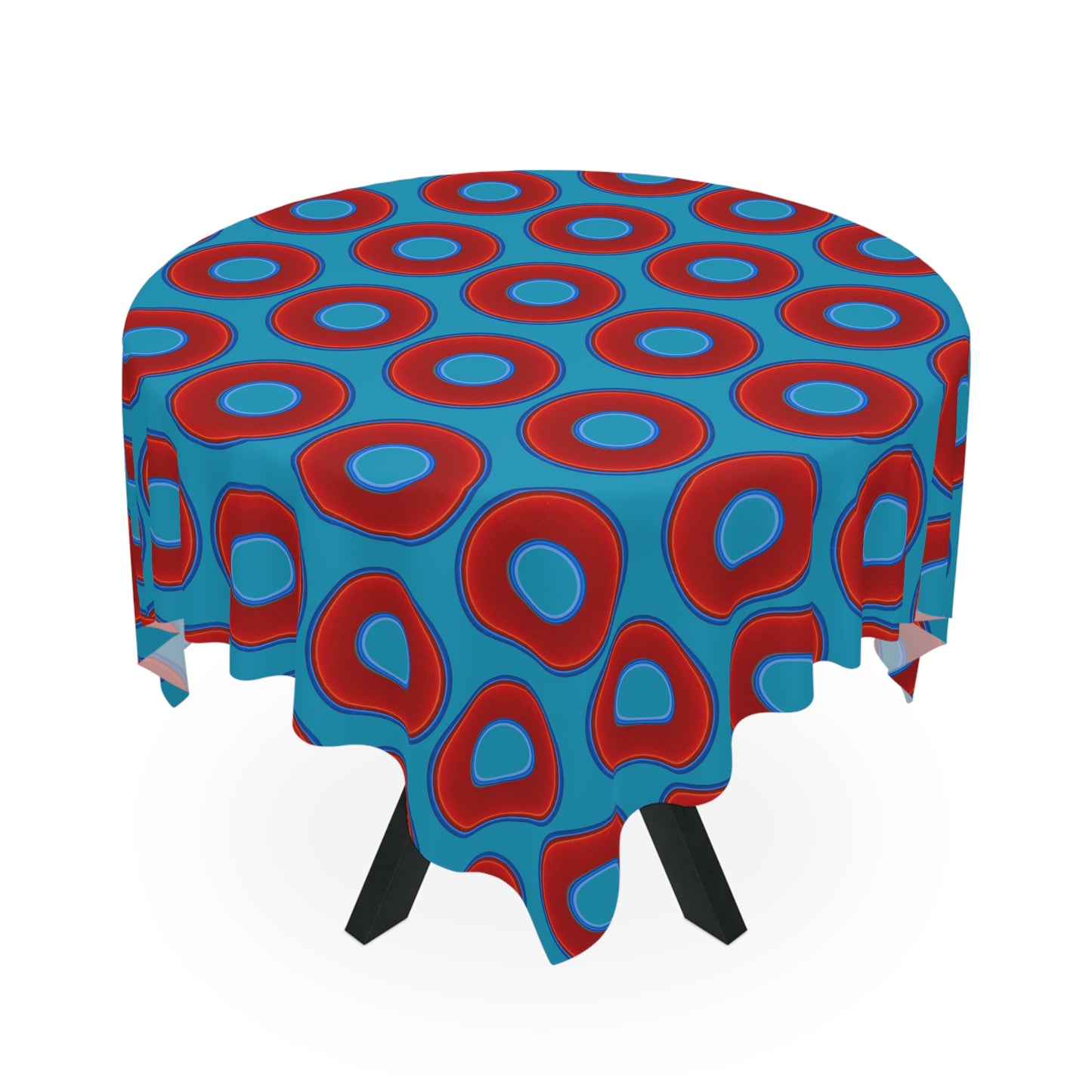 Lumpy Tablecloth - 55.1" x 55.1" - vivid red donuts w/aquamarine blue background