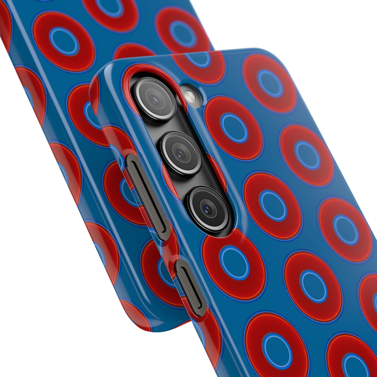 Lumpy Donut Snap Case - red vivid donut print w/wavy navy blue background