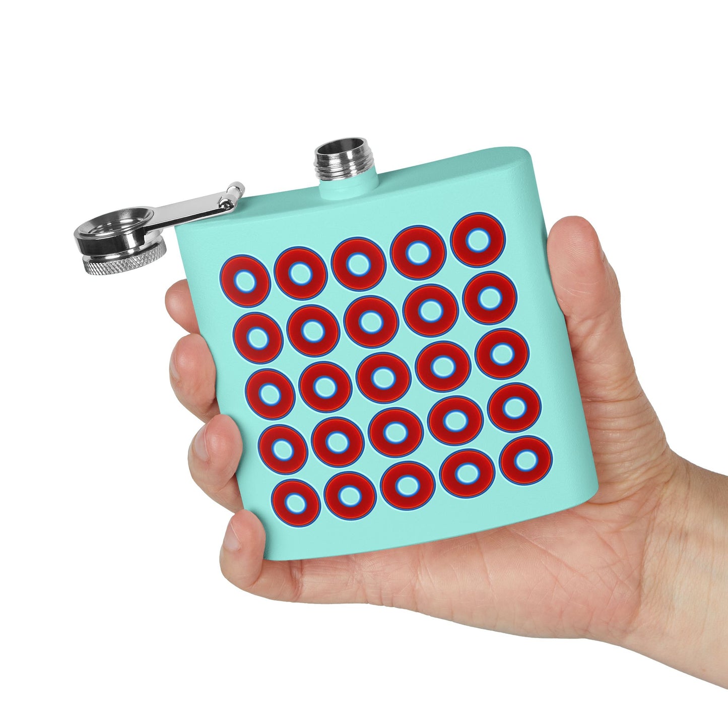 Lump's Donut Flask 6 oz - Lumpy Donut Print - red donuts - [*w/your choice of 9 backgrounds]