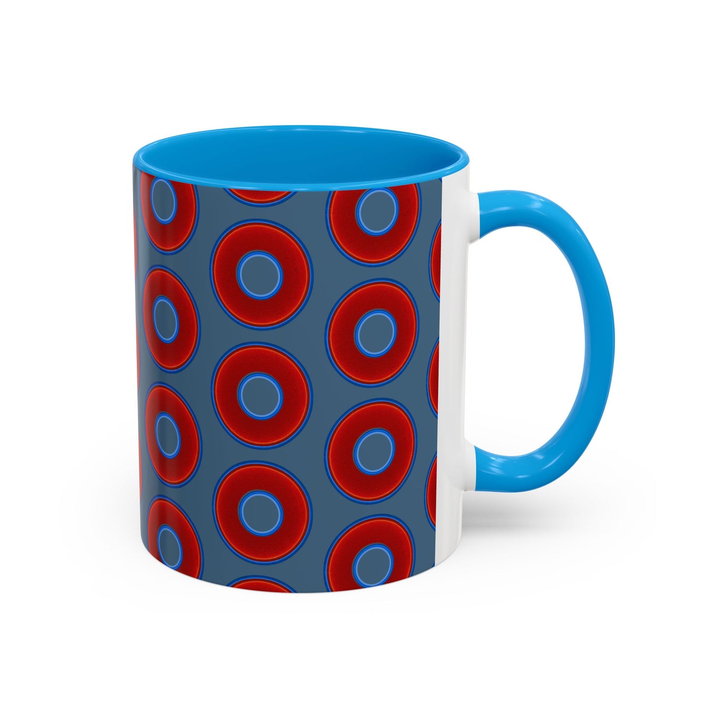Lump's Grumpy Coffee Mug - vivid red donuts w/steel blue background