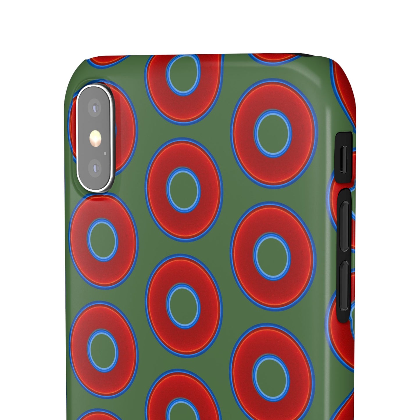 Lumpy Donut Snap Case - red vivid donut print w/dark green background
