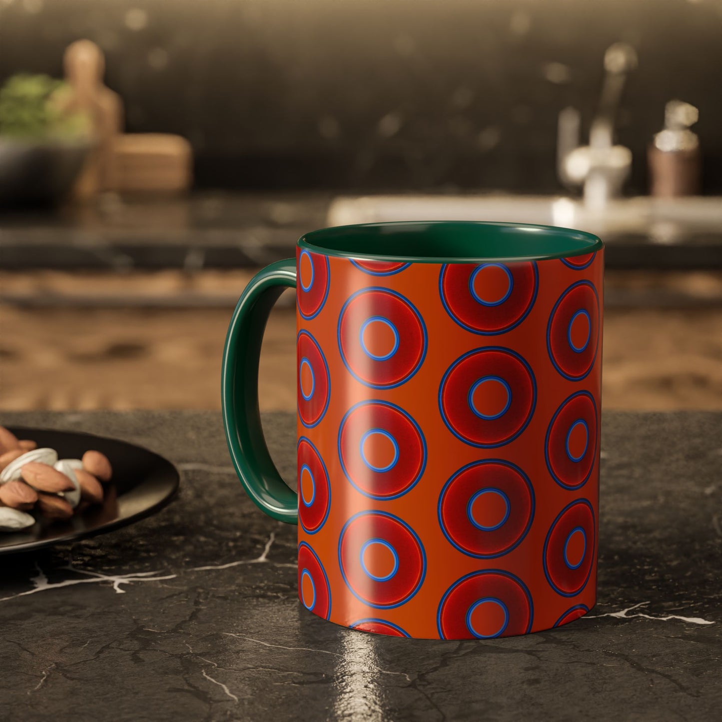 Lump's Grumpy Coffee Mug - vivid red donuts w/dark orange background