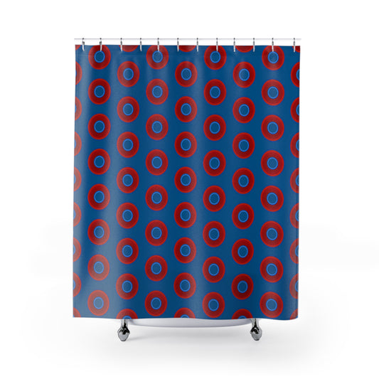 The Curtain With "Donuts" - Lumpy Bath Time Fun - vivid red donuts w/wavy navy background