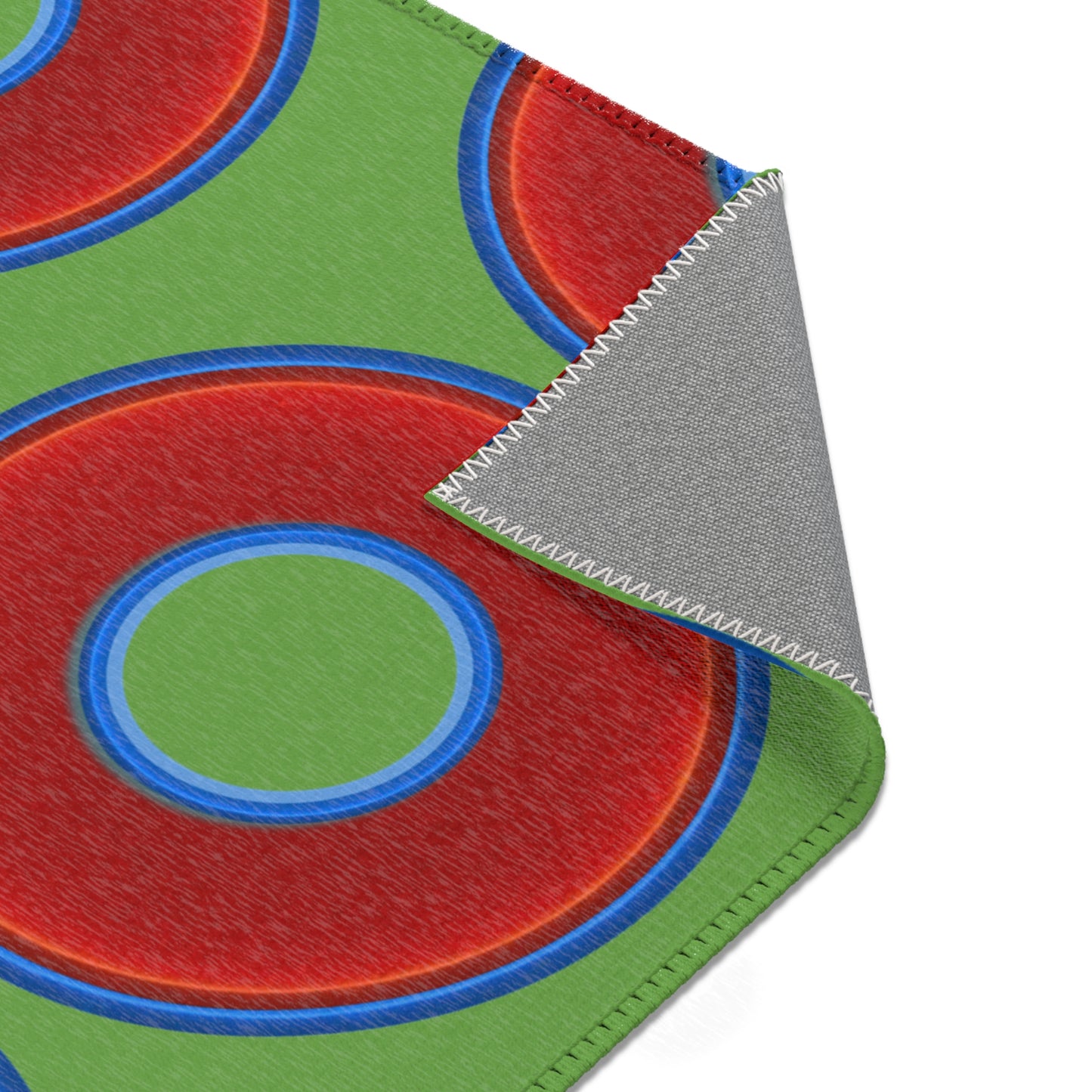 Lumpy Donut Print Rug - choice of 3 sizes - vivid red donut print w/light green background