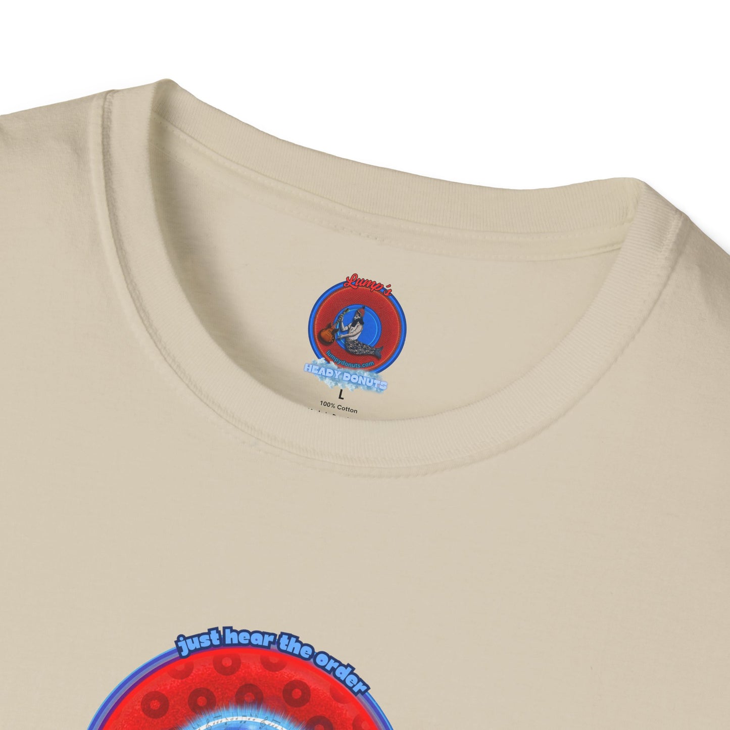 Classic Donut Tee - Unisex Soft-Style - "The Skipper's Donut" - red/blue paradoxical widemouthed donut - variant 1
