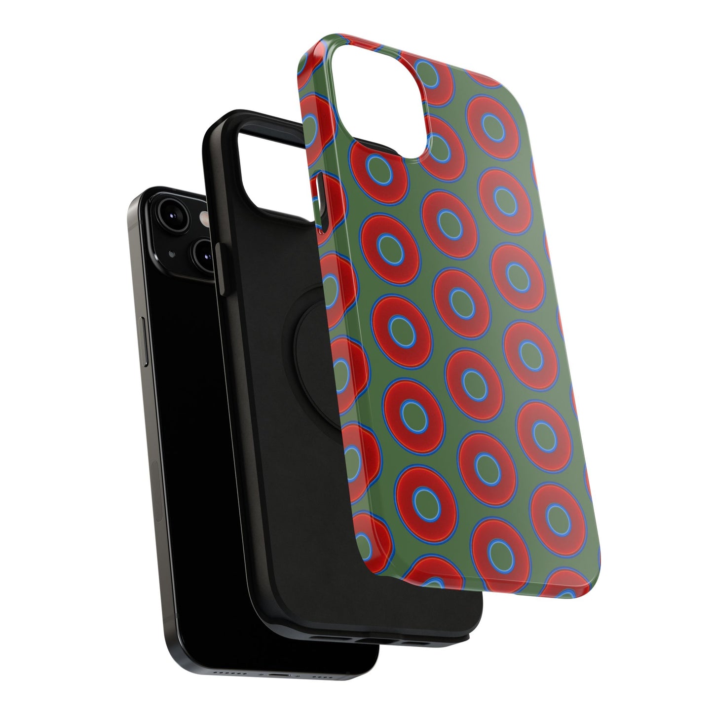 Impact-Resistant Lumpy Donut Case - red vivid donut print w/dark green background