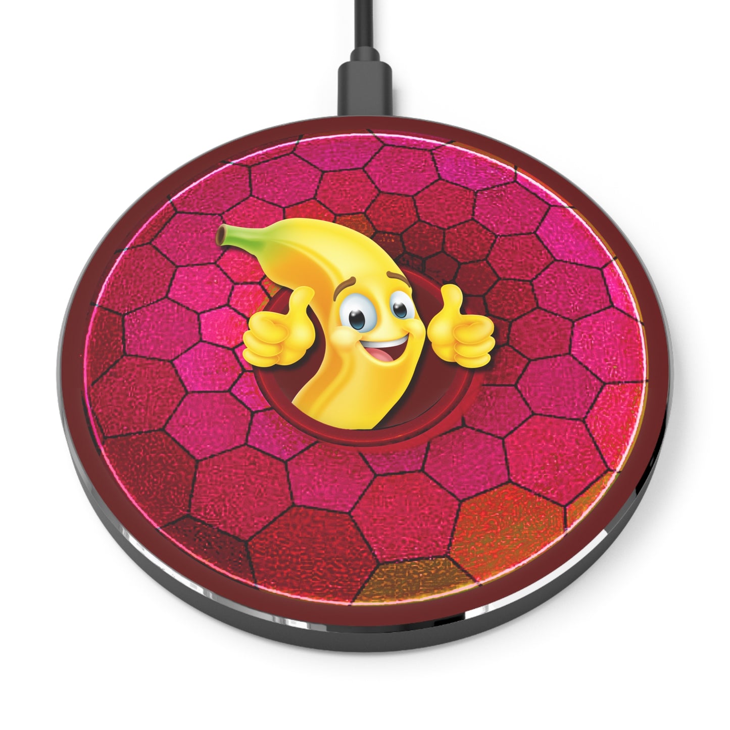 The Flow - Wireless Lumpy Donut Chargers - "This Wireless Power is Bananas" - magenta hexadonut w/dark red background - variant 4