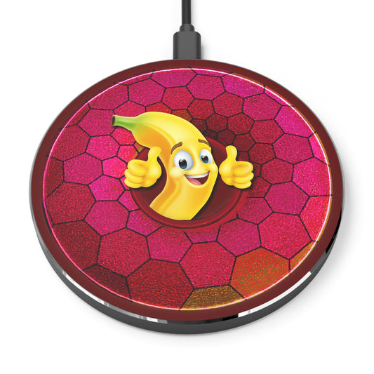 The Flow - Wireless Lumpy Donut Chargers - "This Wireless Power is Bananas" - magenta hexadonut w/dark red background - variant 4