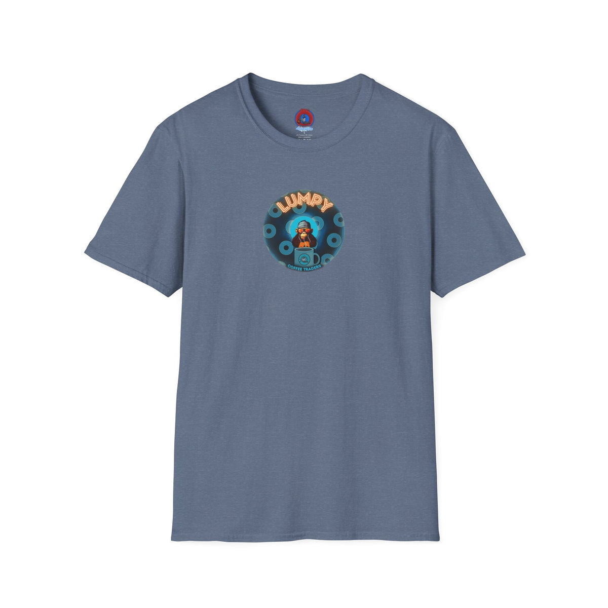 Coffee Traders Tee - Unisex Soft-Style - "Tasty Coffee" - paradoxical donut/cubed blue donut - variant 2 - logo front/It's Ice Cube's back