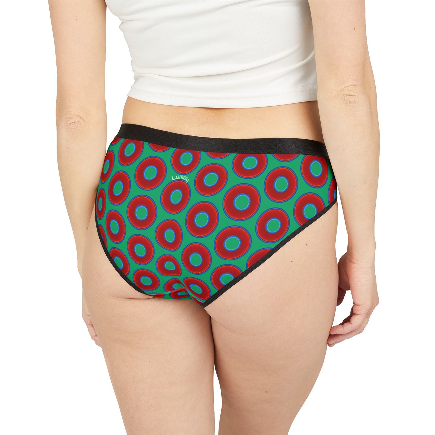 Lumpy Donut Underwear - vivid red donut print w/jade green background