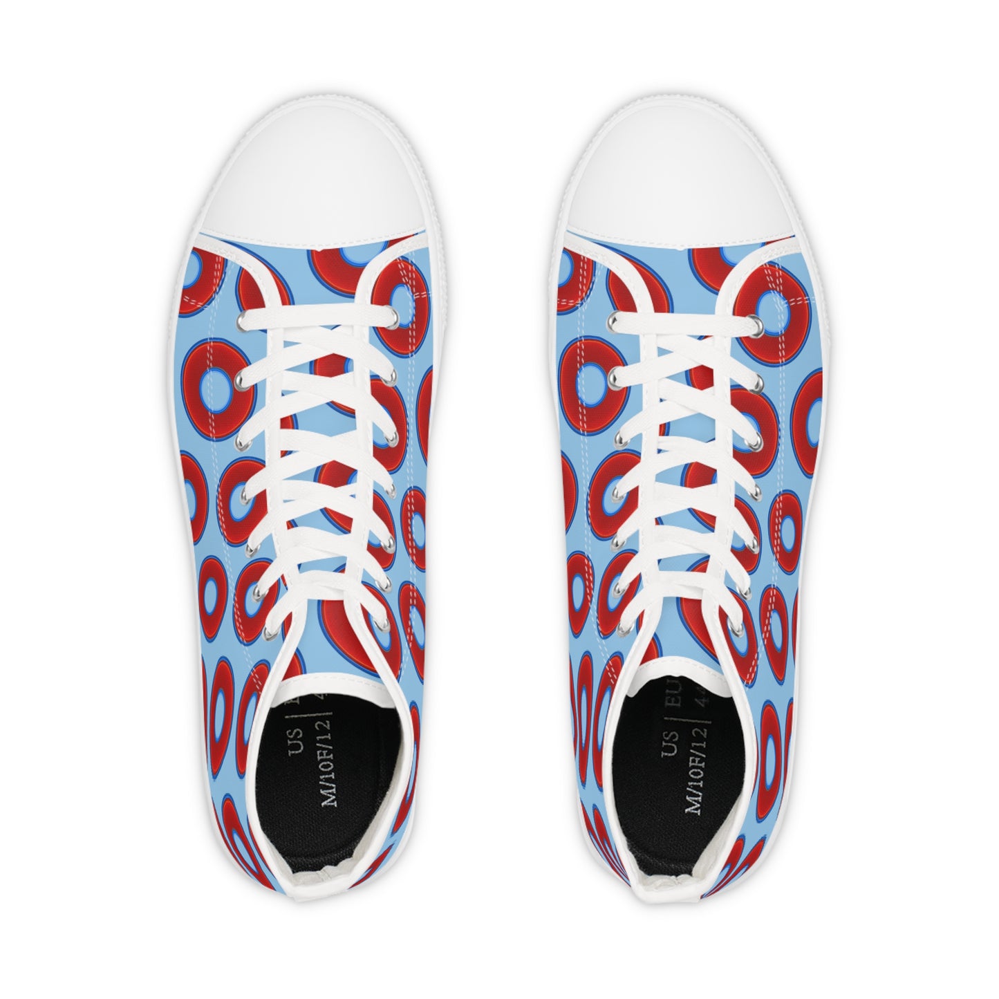 Men's High Top Chucks - large vivid red donut print w/sky blue background