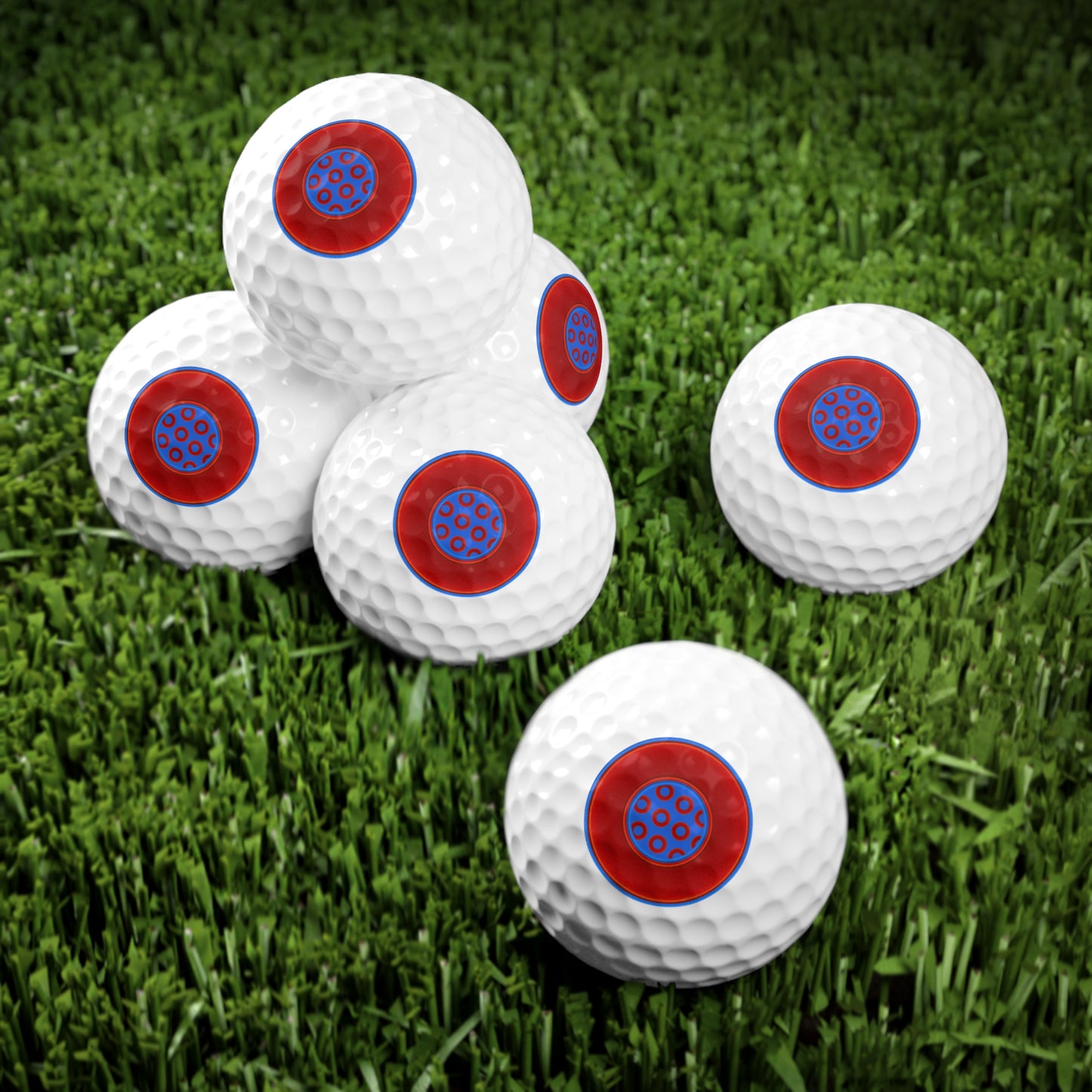 Lumpy Donut Golf Balls - 6-pack - "Plain/Abstract Donut" - red/blue vivid donut w/royal blue donut pattern background - variant 1