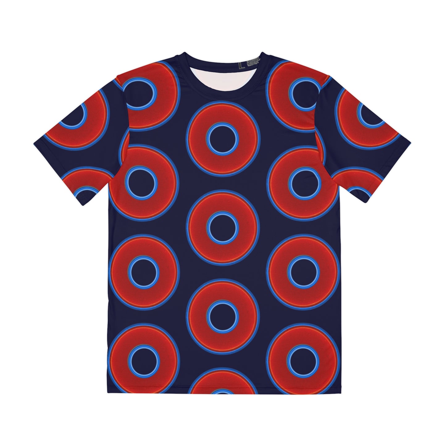 Multi-Beastie Giant Donut AOP Polyester Tee - red vivid donut print w/midnight blue background