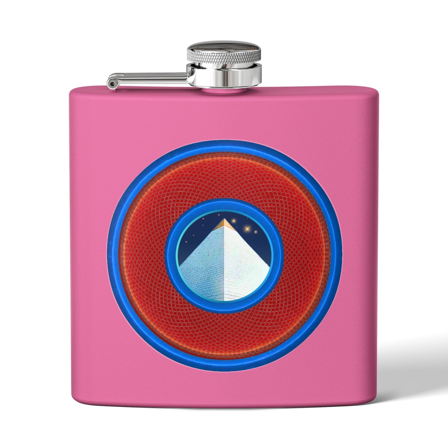 Lump's Donut Flask 6 oz -  "Limestone Flask" - red/light blue rustic donut - [*w/your choice of 6 backgrounds]