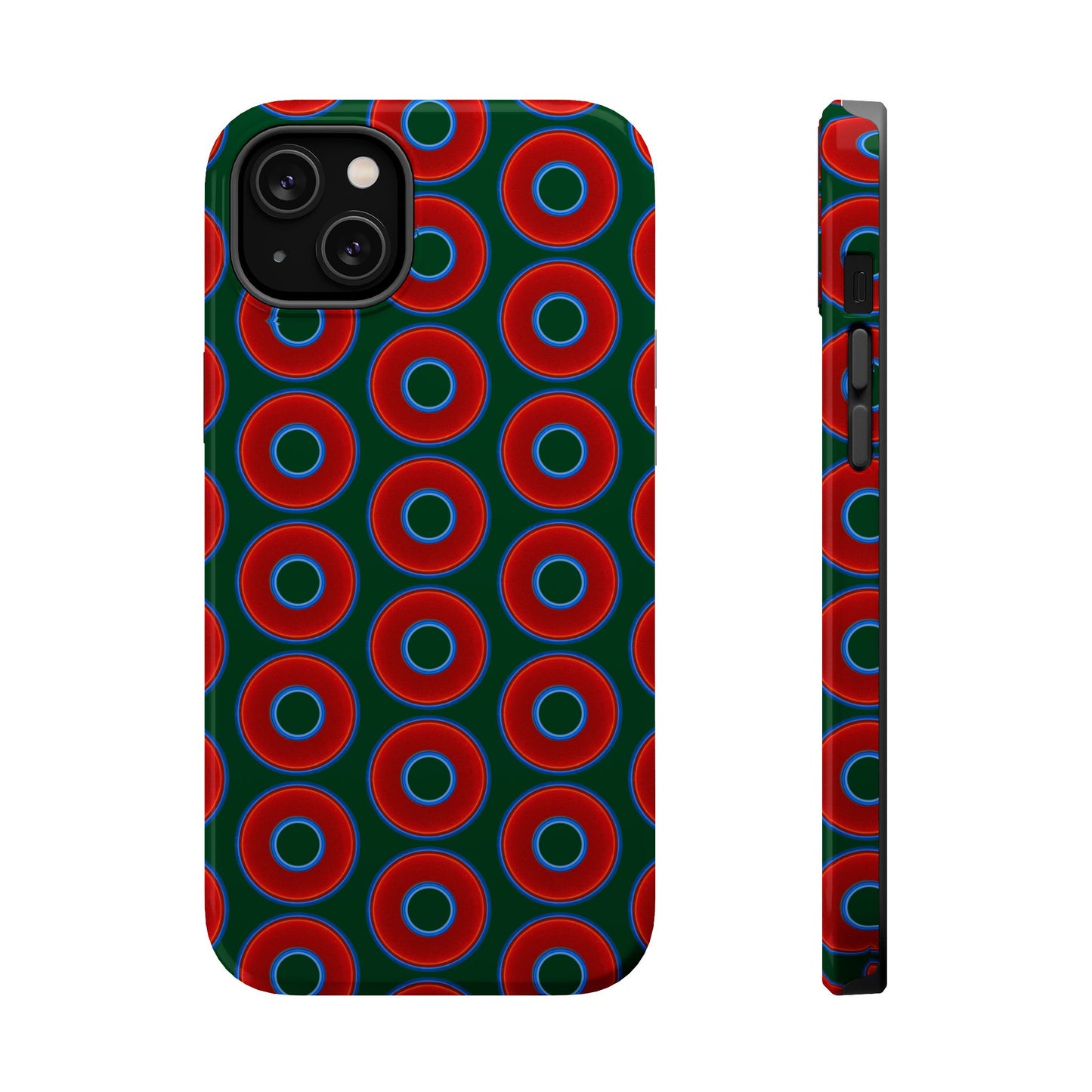 Magnetic Tough Donut Case - red vivid donut print w/deep pond green background