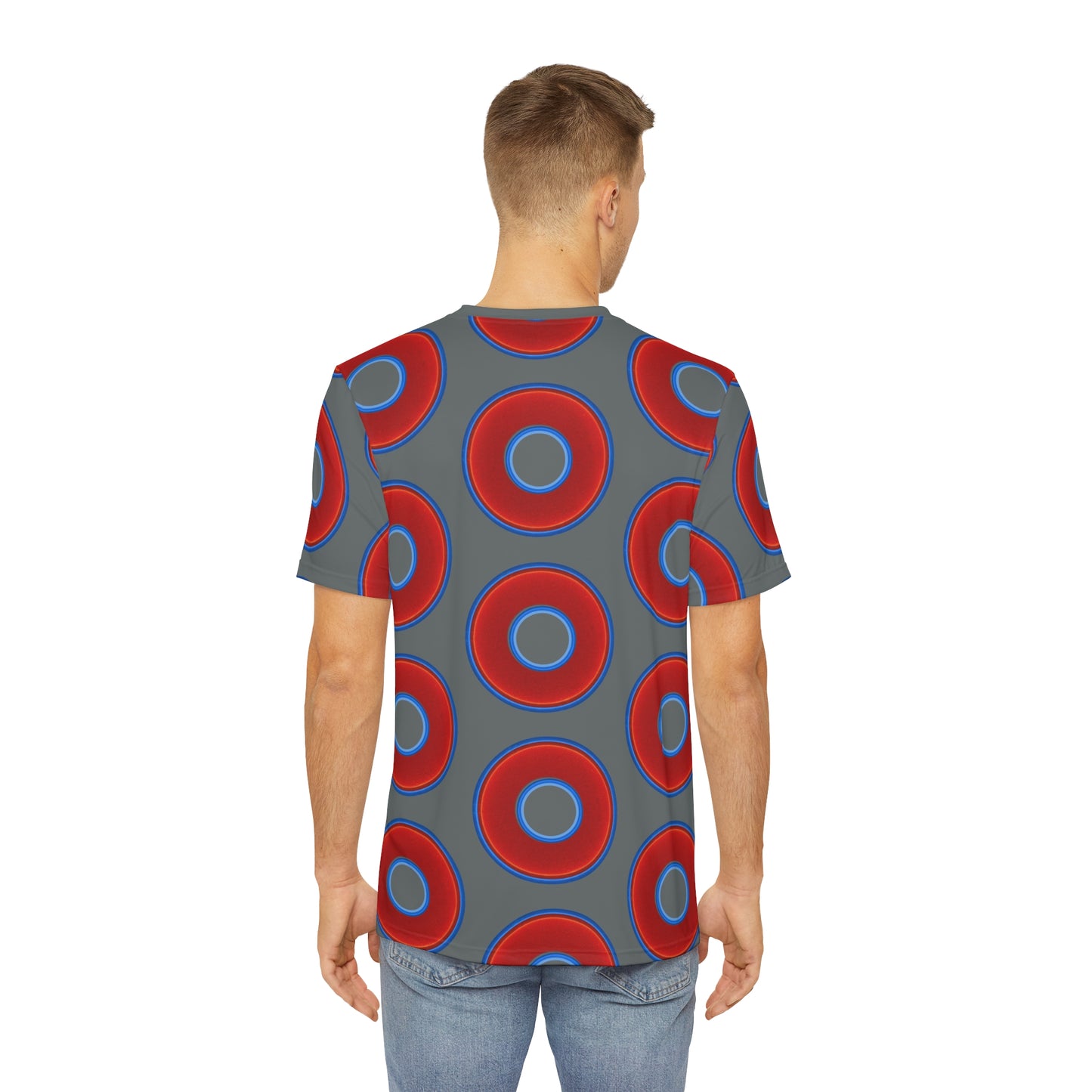 Multi-Beastie Giant Donut AOP Polyester Tee - red vivid donut print w/dark gray background