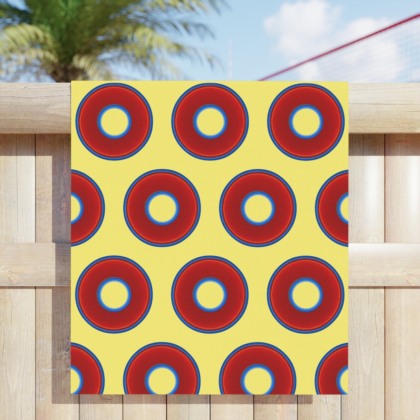 Lumpy Donut Towels - vivid red donuts w/yellow background
