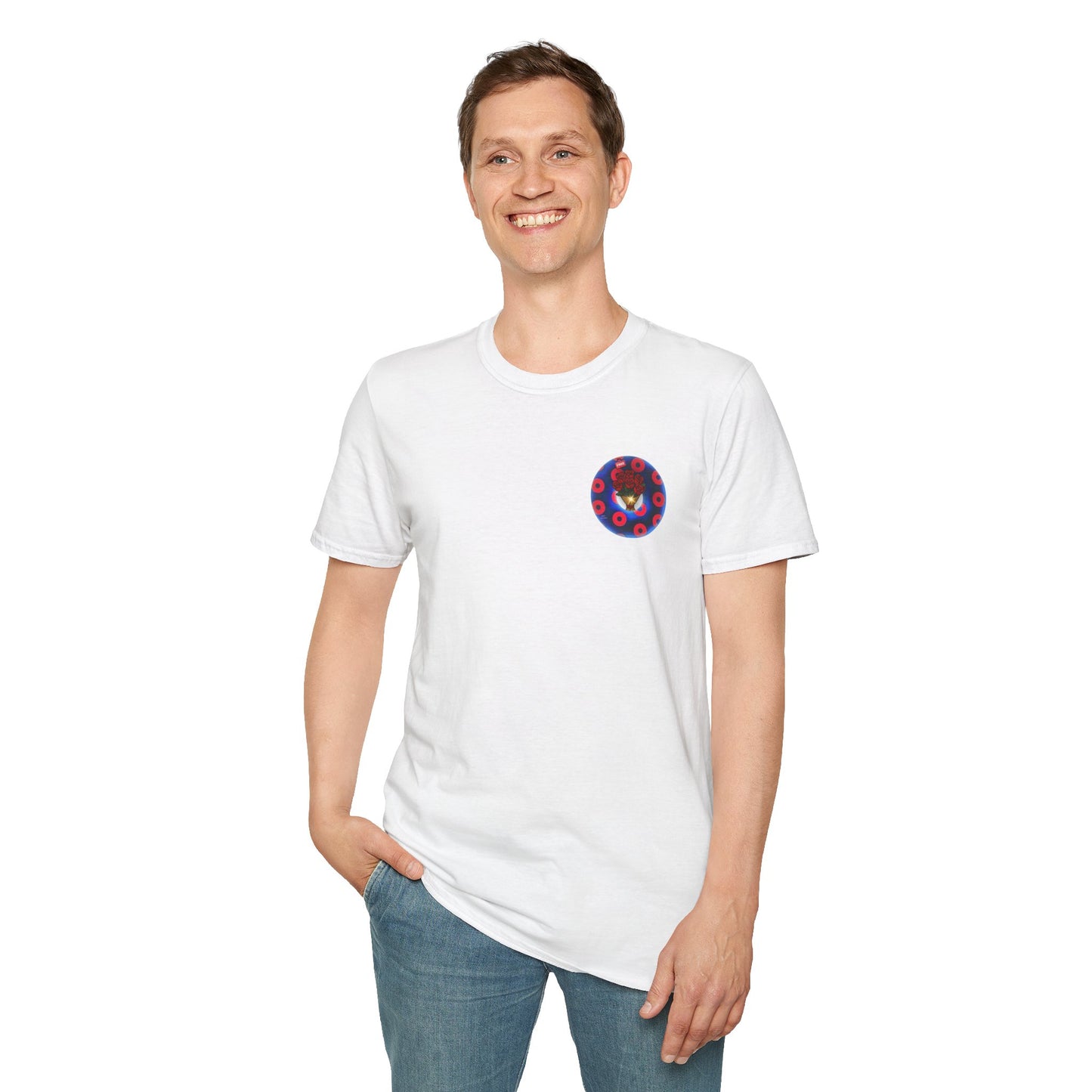 Classic Donut Tee - Unisex Soft-Style - "Donuts of Phreedom" - red/blue paradoxical blimpy donut