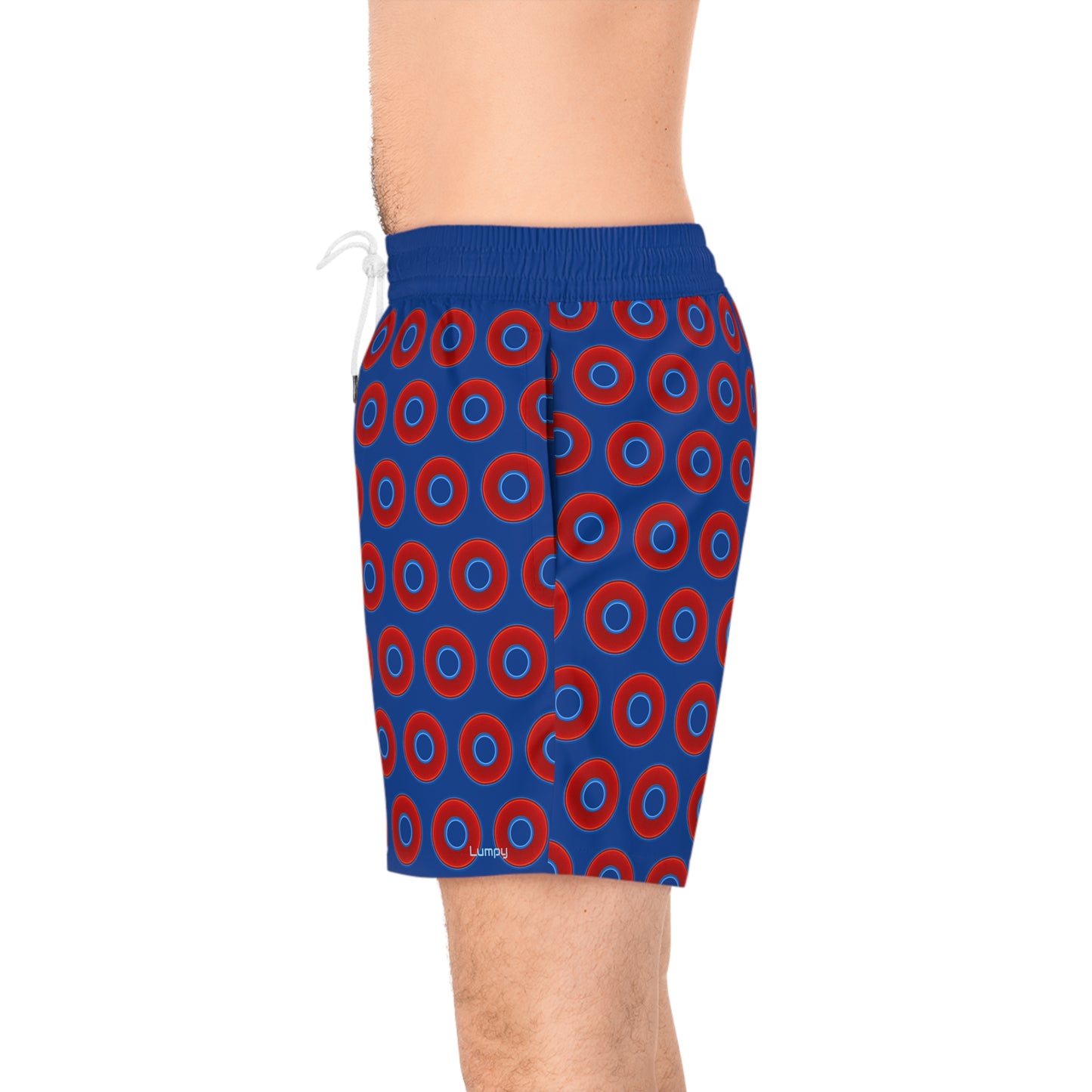 Men's Lumpy Swim Trunks - vivid red donut print w/dark blue background