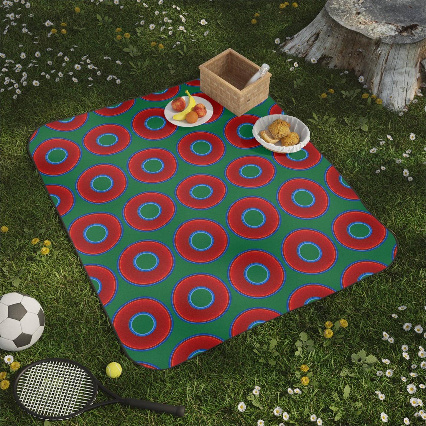 The Lumpy Party Blanket - giant water-resistant outdoor blanket [61" x 51"] - vivid red donuts w/green background