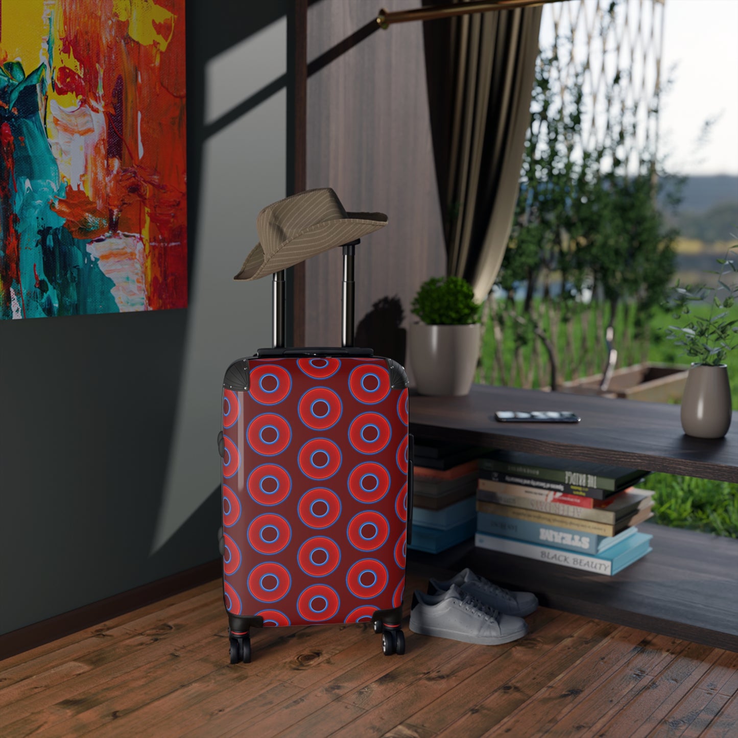 The Very Lumpy Donut Suitcase series - your choice of S, M or L - vivid red donut print w/dark red background