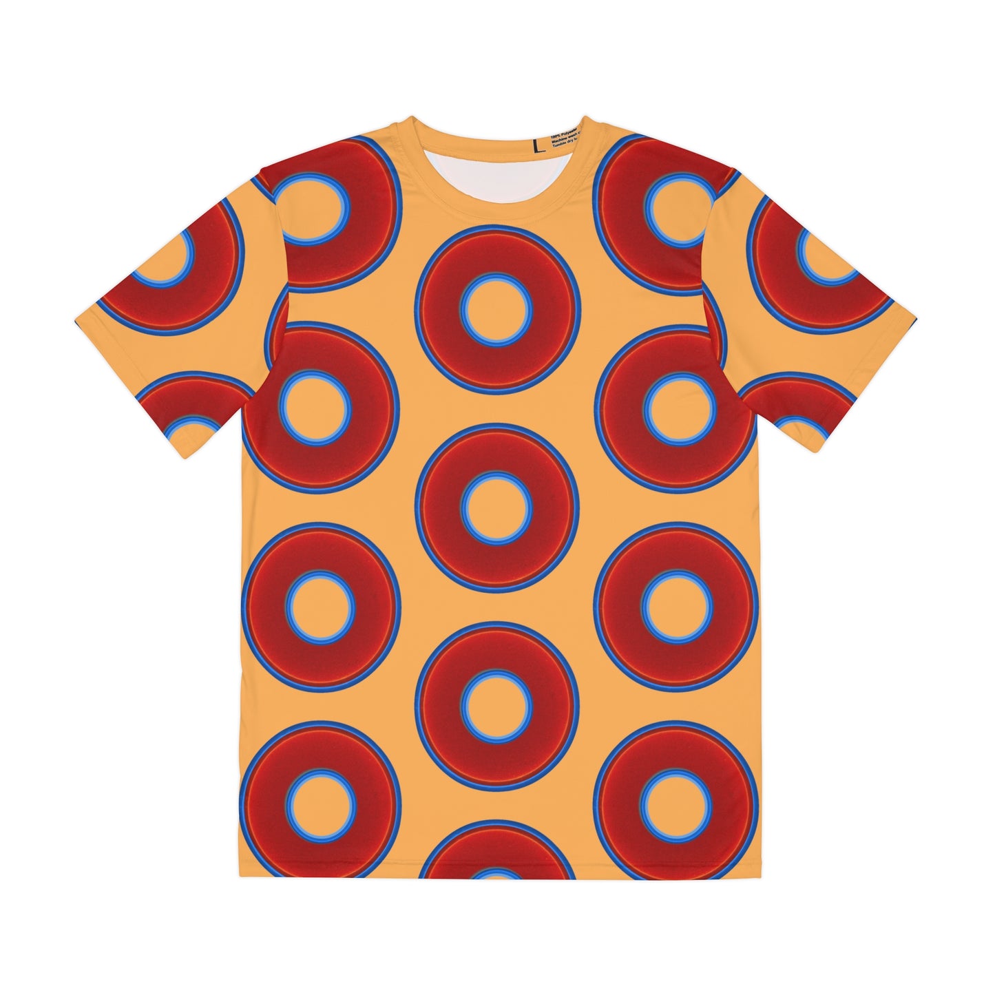 Multi-Beastie Giant Donut AOP Polyester Tee - red vivid donut print w/creamsicle orange background