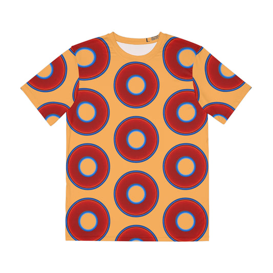 Multi-Beastie Giant Donut AOP Polyester Tee - red vivid donut print w/creamsicle orange background