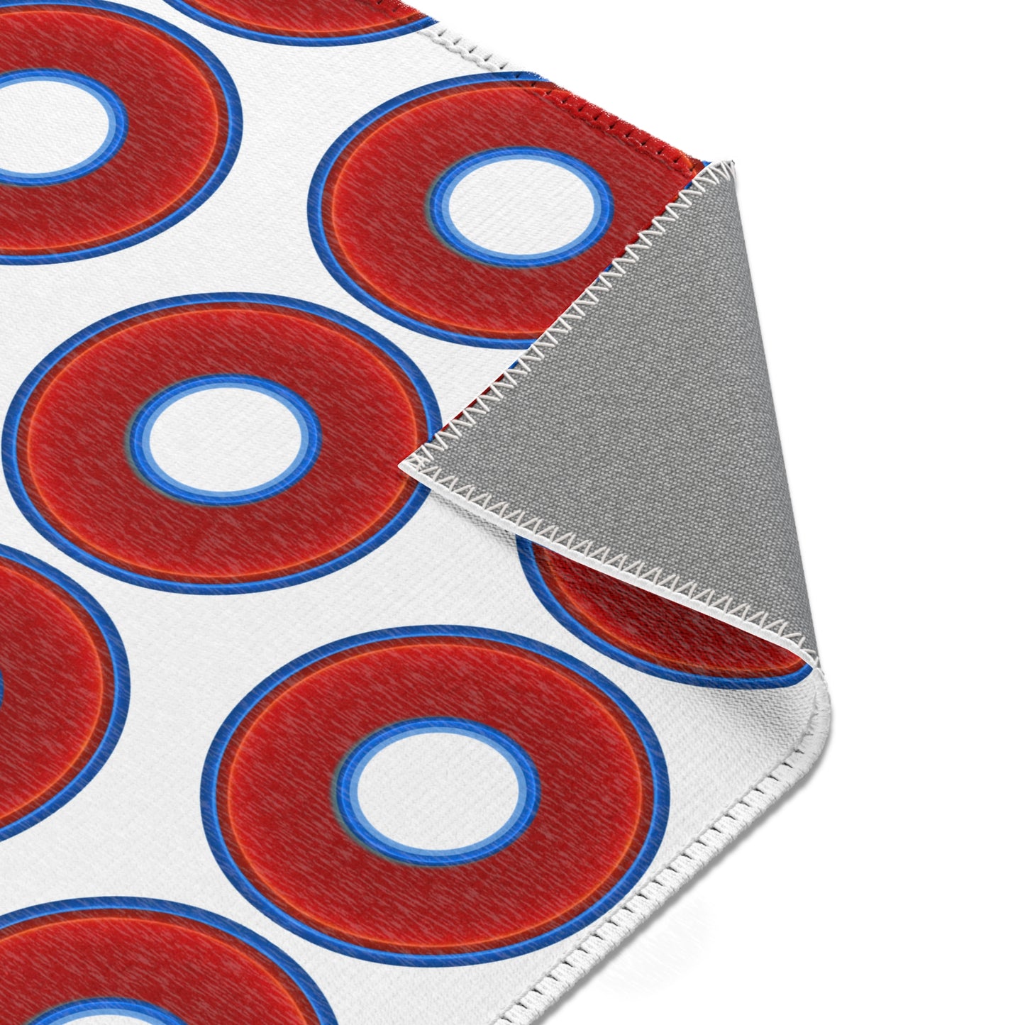 Lumpy Donut Print Rug - choice of 3 sizes - vivid red donut print w/white background