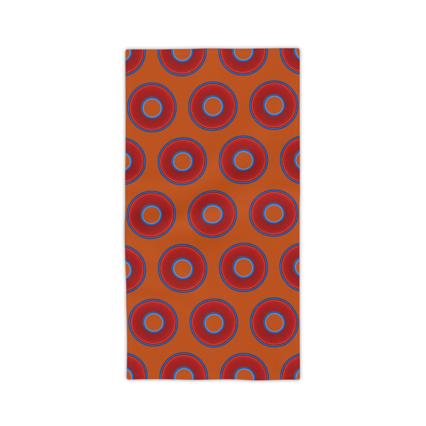 Lumpy Donut Towels - vivid red donuts w/dark orange background