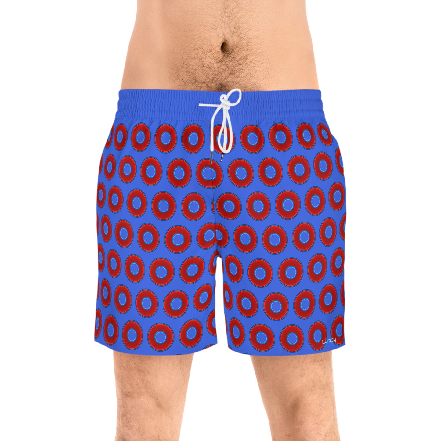 Men's Lumpy Swim Trunks - vivid red donut print w/royal blue background