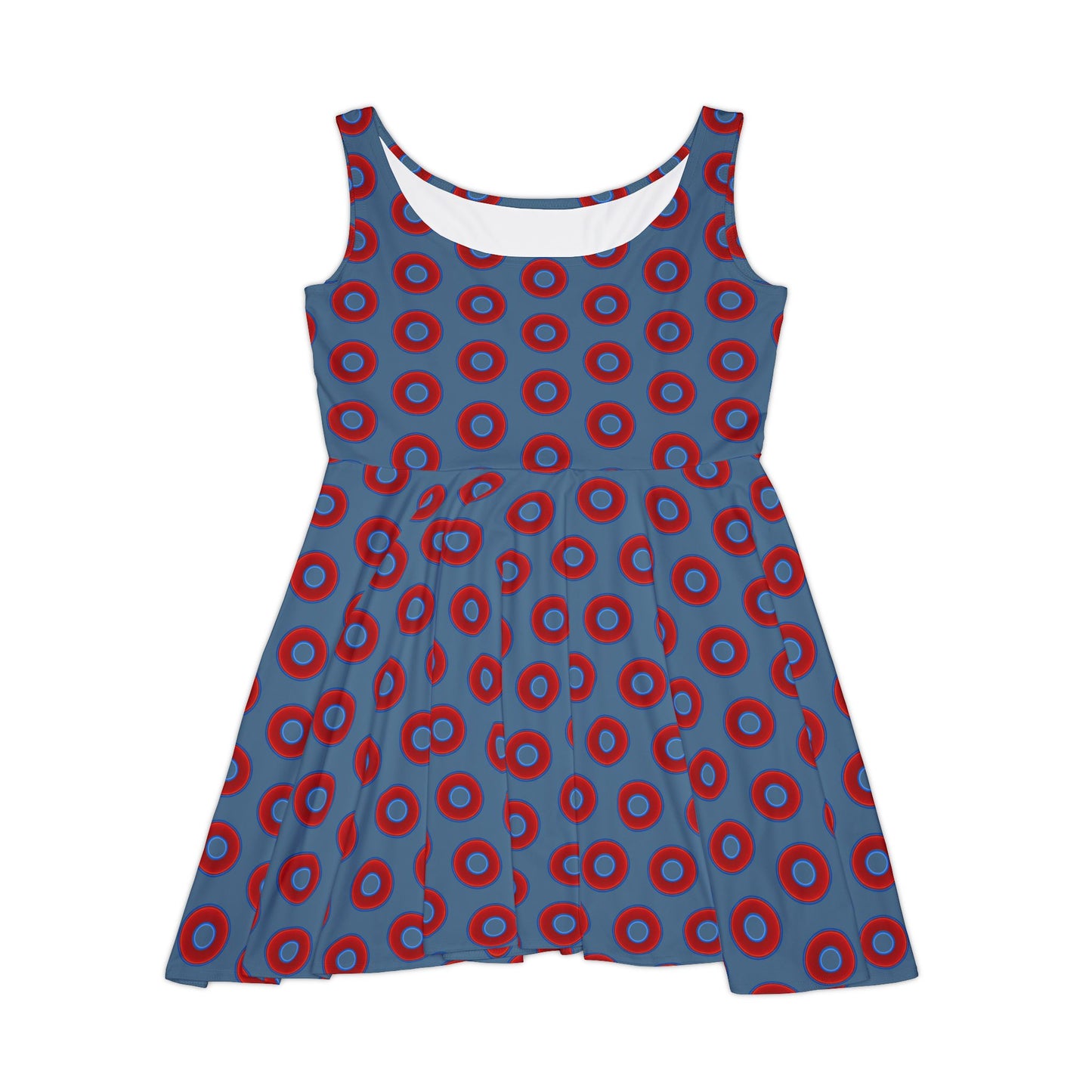 Women's Skater Donut Dress - vivid red donut print w/steel blue background