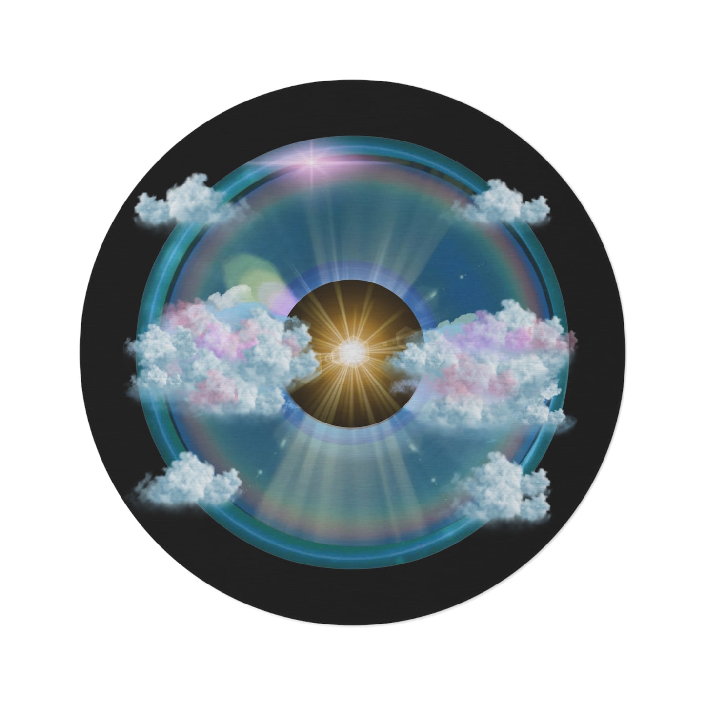 Round Room - 5 ft x 5 ft Lumpy Donut Rug - "The Divided Donut Rug" - vivid sky donut w/black background - variant 2 - [*Charitable Donut]