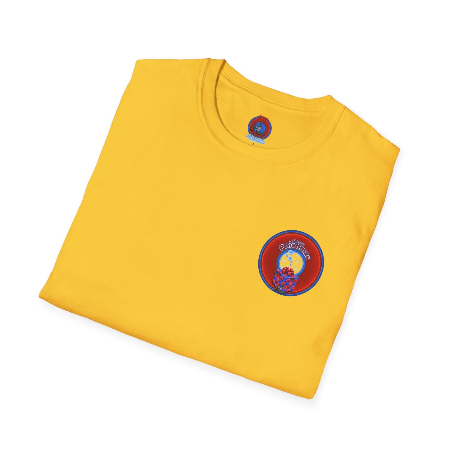 Classic Donut Tee - Unisex Soft-Style - "Phishmas Caroler's Tee " - vivid red/blue donut - variant 3